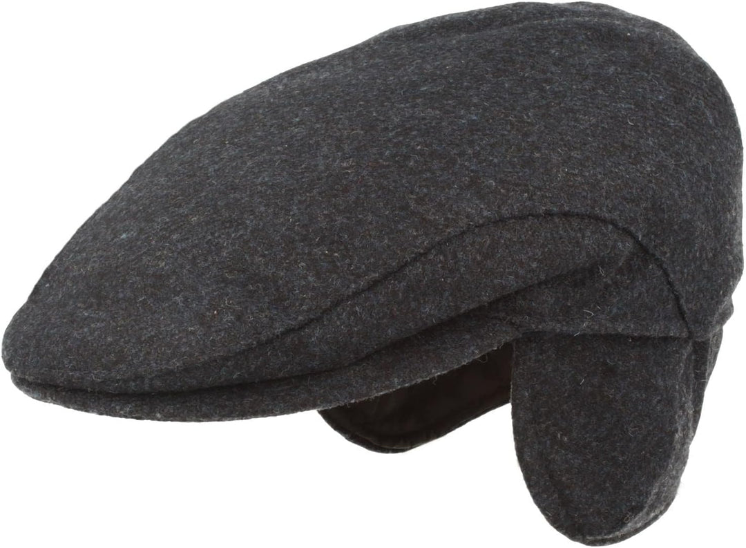 Breiter Herren Winter Schiebermütze mit Ohrenklappen Flatcap Schirmmütze 100% Wolle mit ausklappbare