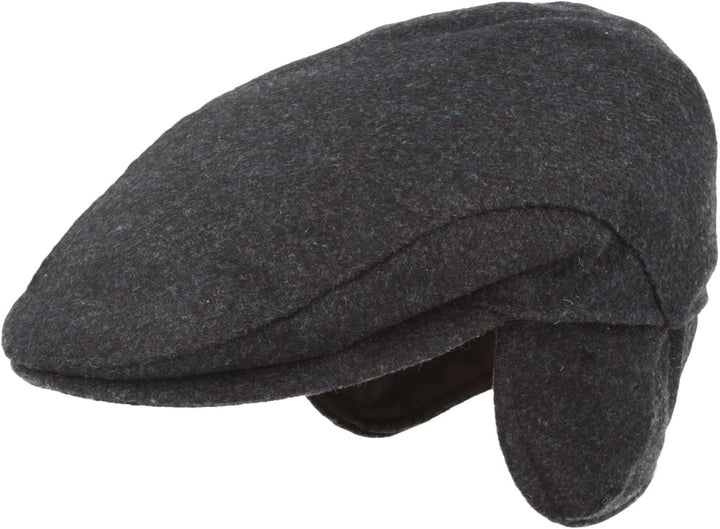 Breiter Herren Winter Schiebermütze mit Ohrenklappen Flatcap Schirmmütze 100% Wolle mit ausklappbare