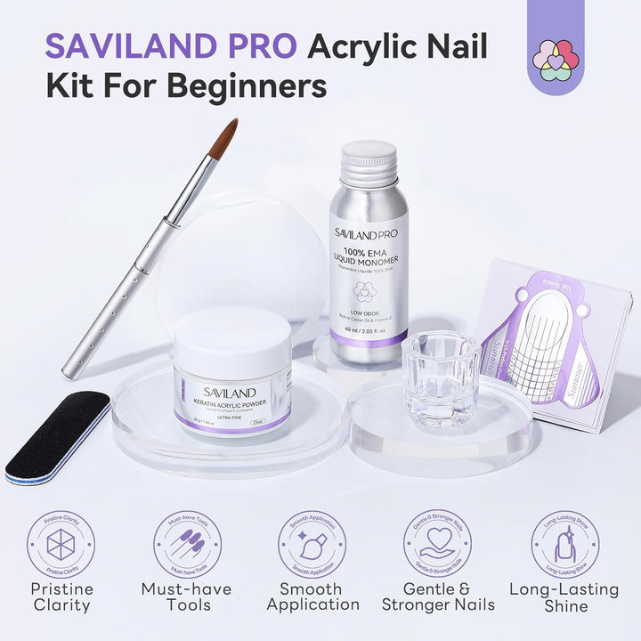 SAVILAND Acryl Nagelset für Anfänger: Komplettes Nagelset mit Acrylpulver Einfach zu Formen Transpar
