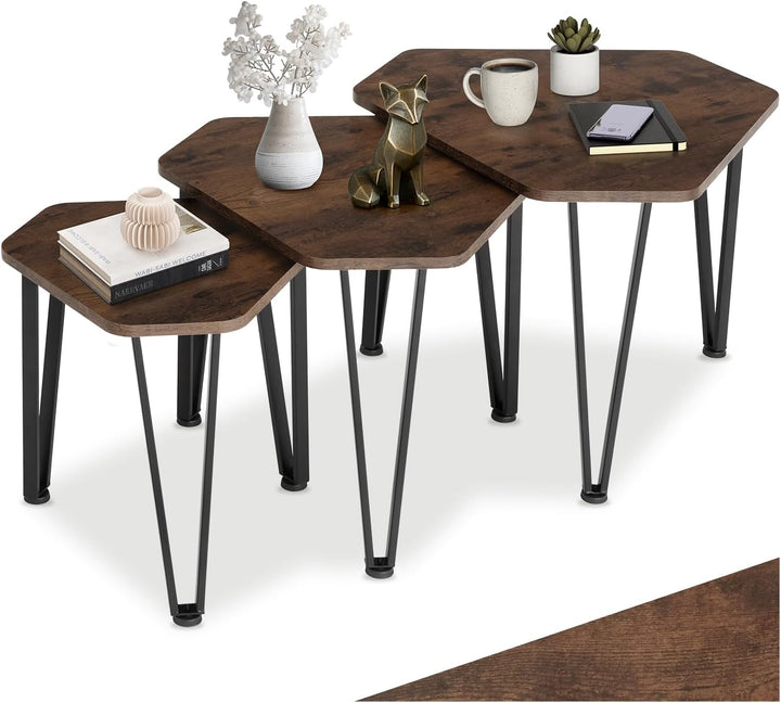 tectake Beistelltisch 3er Set, sechseckiger Couchtisch in 3 Grössen, Industrie-Stil, Holz Satztische