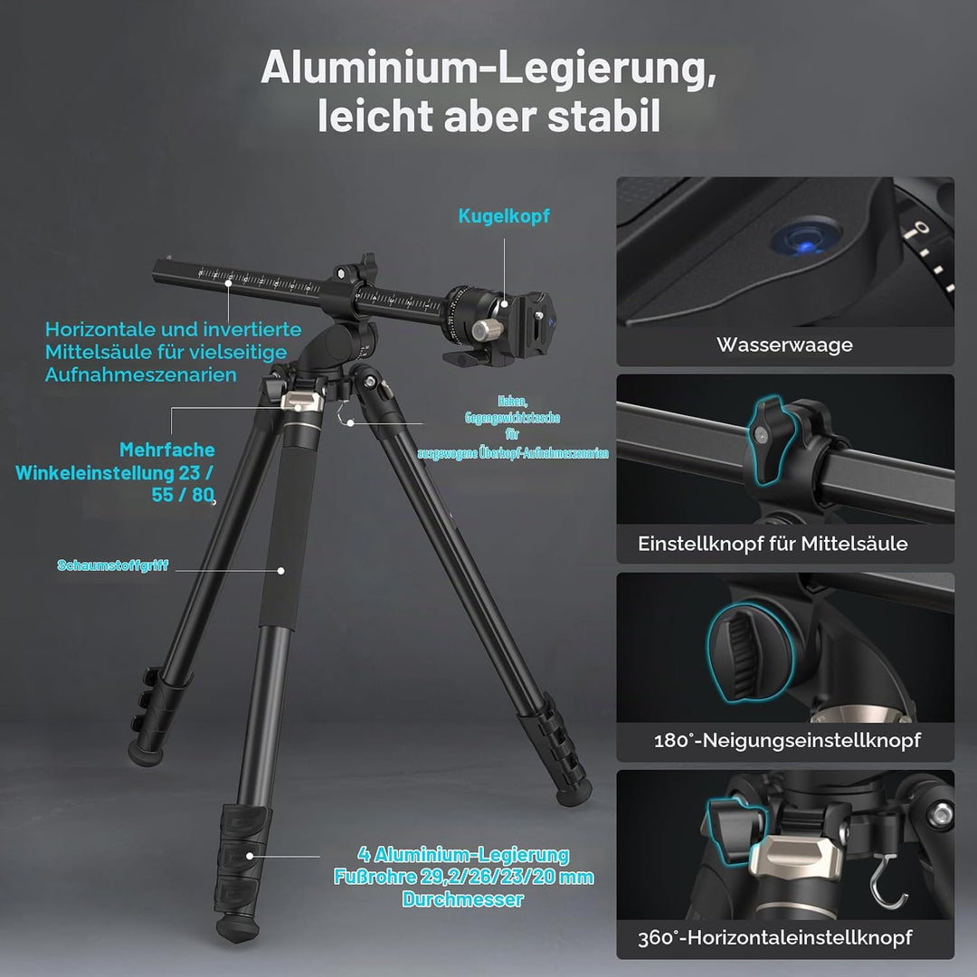 SMALLRIG 73 Zoll Kamerastativ, 360° drehbare Mittelsäule, horizontales Stativ Einbeinstativ, mit Sma