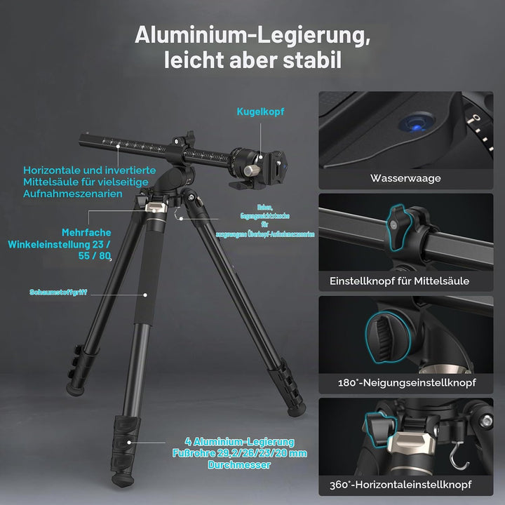 SMALLRIG 73 Zoll Kamerastativ, 360° drehbare Mittelsäule, horizontales Stativ Einbeinstativ, mit Sma