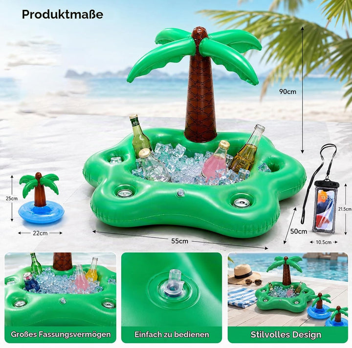 MINGBOLIN Aufblasbarer Getränkehalter Poolbar Set 5 Stück Pool Getränkehalter mit 2 Mini-Palmen &amp; 2