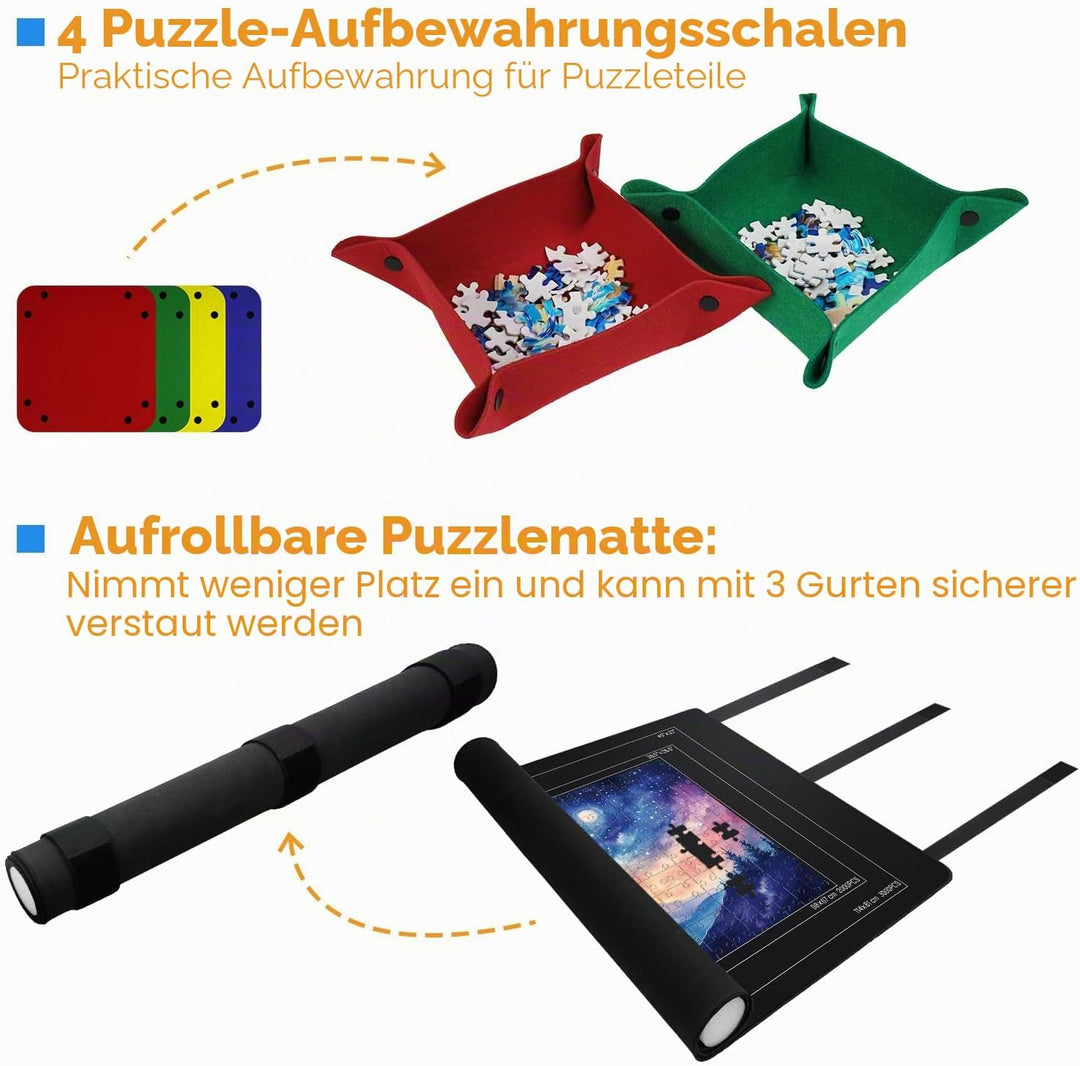 Puzzlematte 94 x 150 cm für bis zu 3000 Teile – Puzzle Matte Roll mit 4 Puzzle Sortierschalen, rutsc