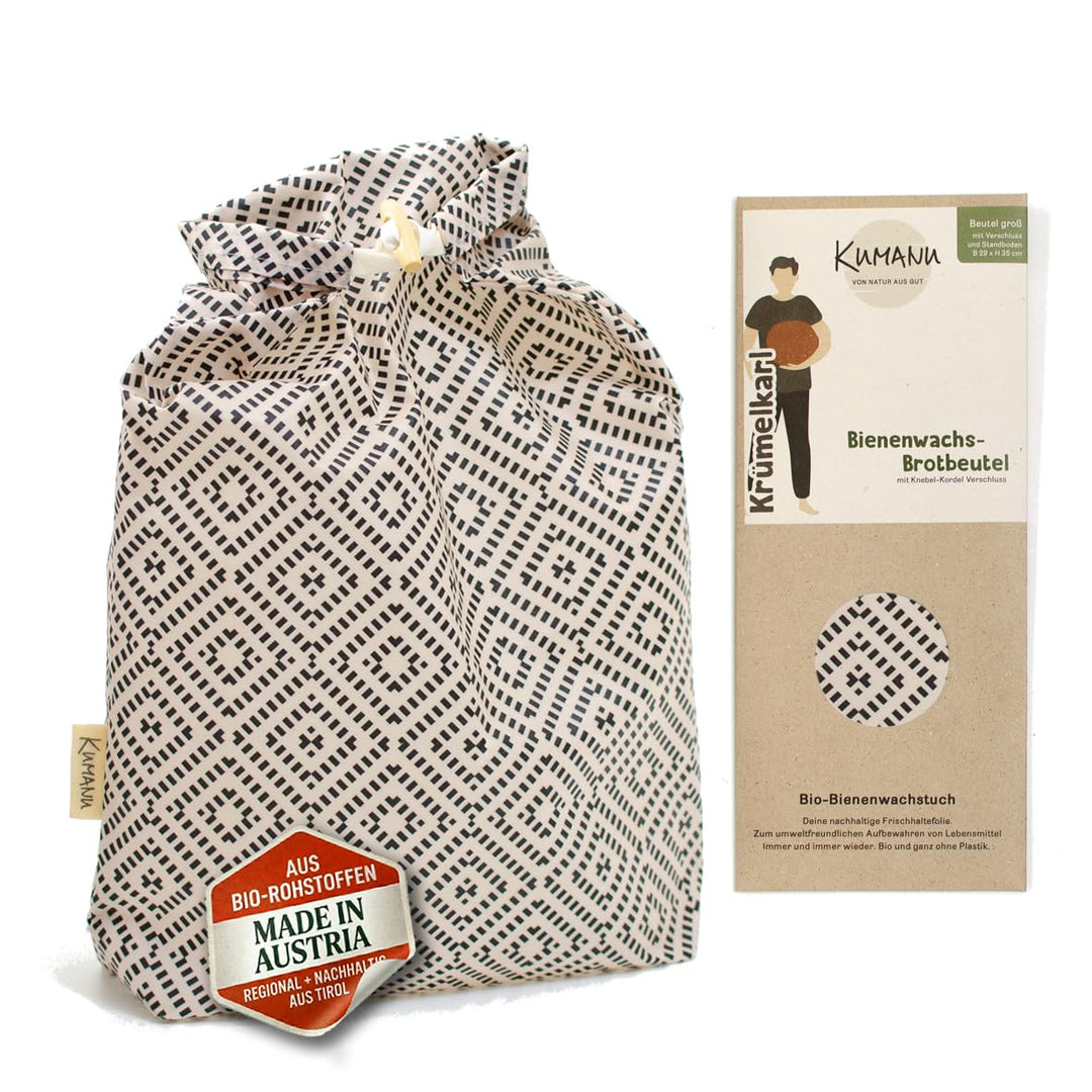 Kumanu |Bio-Bienenwachstuch - Brotbeutel KRÜMELKARL | H 35cm x B 29cm | mit Standboden und Verschlus
