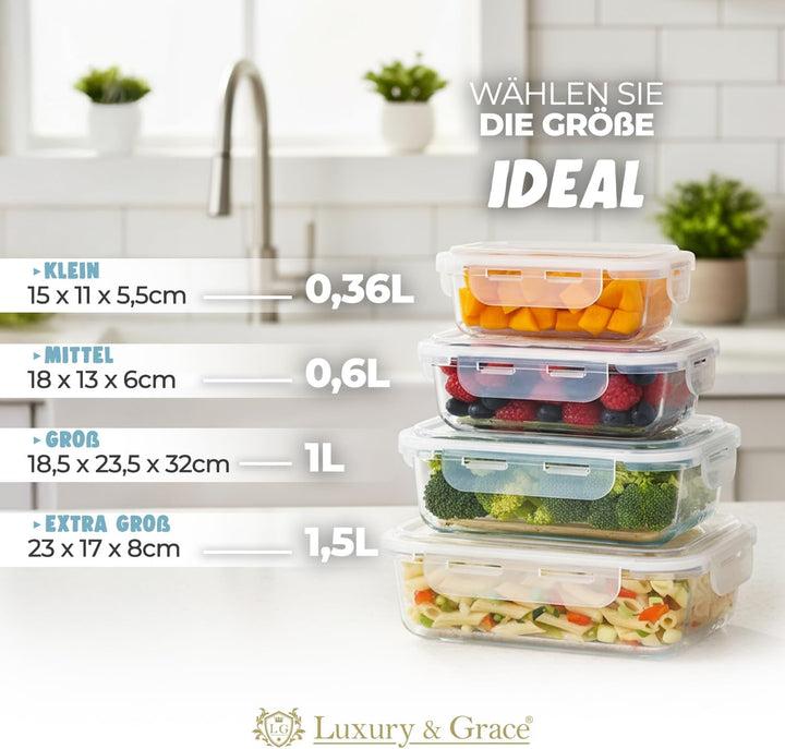 LG Luxury & Grace 4er Packung Glas Frischhaltedosen 1000 ml. Luftdicht. Geeignet für Mikrowelle, Ofe