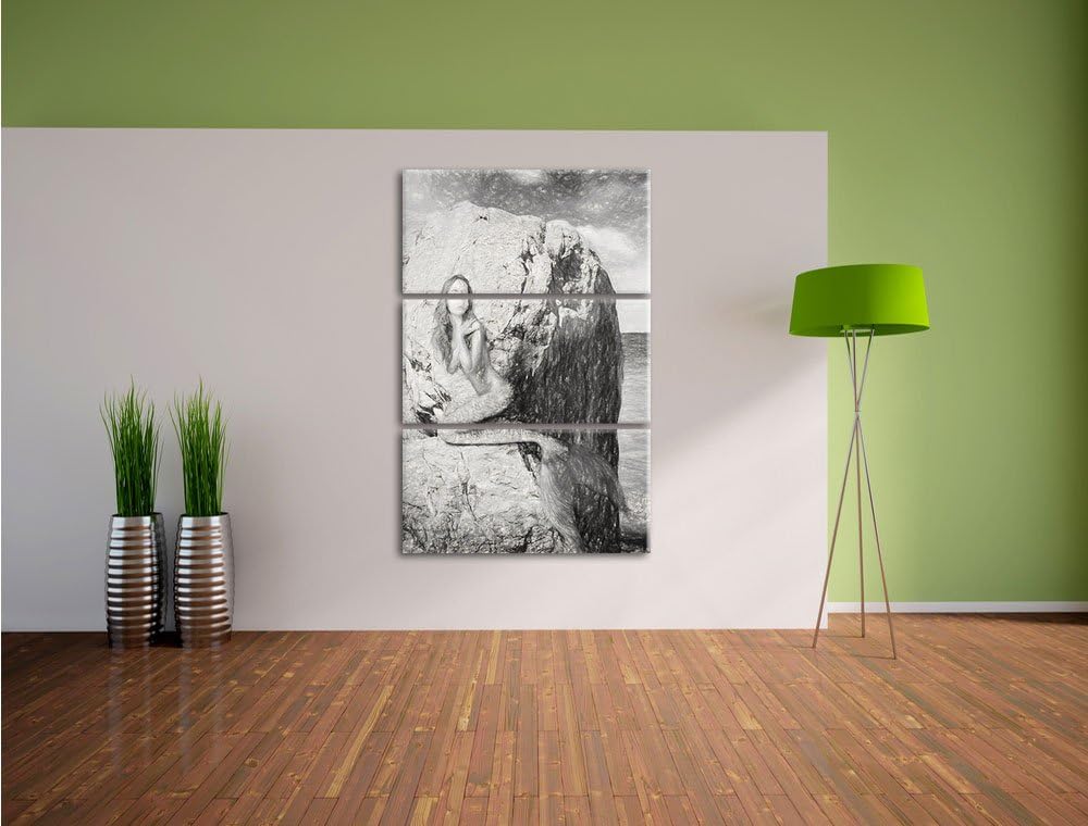 Pixxprint Meerjungfrau hinter Felsen als Leinwandbild/Grösse: 3 Teilig (120x80) cm/Wandbild/Kunstdru