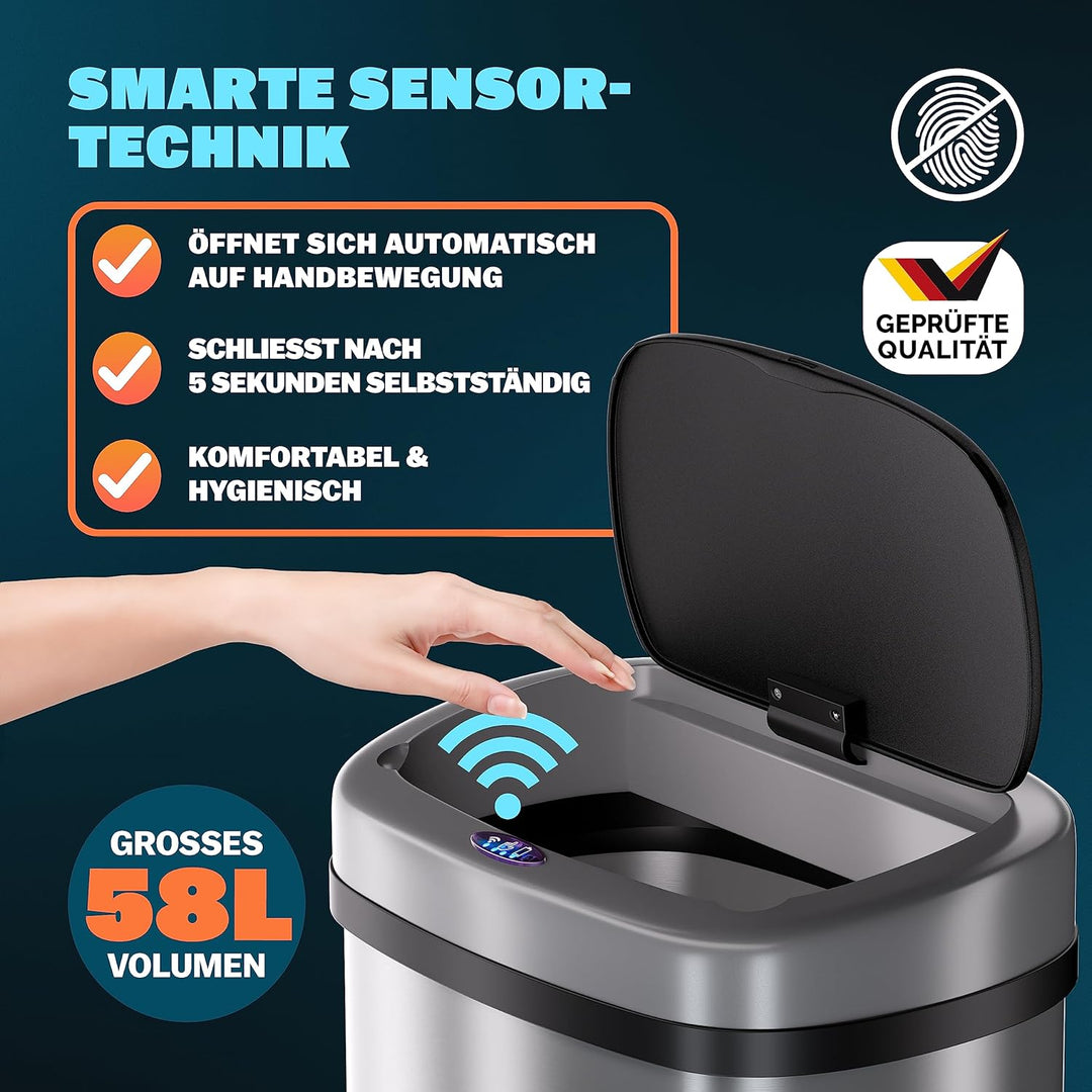 Monzana® Sensor Mülleimer Küche 58 L Automatik mit Bewegungssensor Soft-Close-Deckel Wasserdicht Sma