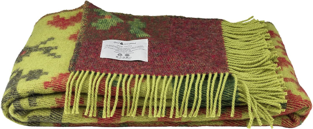 ÖJBRO VANTFABRIK "Fästfolk Evelina&Ewald gewebte Wolldecke mit Fransen 130x220 cm lindgrün/grün/rot
