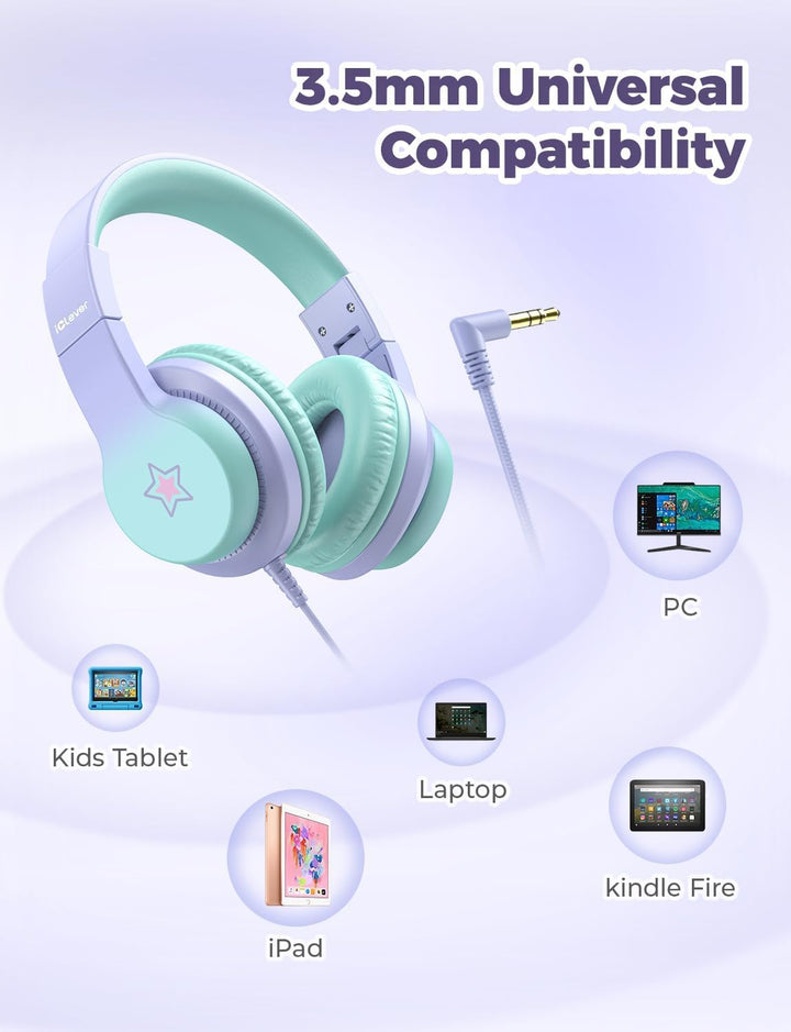 iClever Kinder Kopfhörer, Kinderkopfhörer mit Kabel 85dBA Sichere Lautstärke, HS19S Stereo-Sound Ove