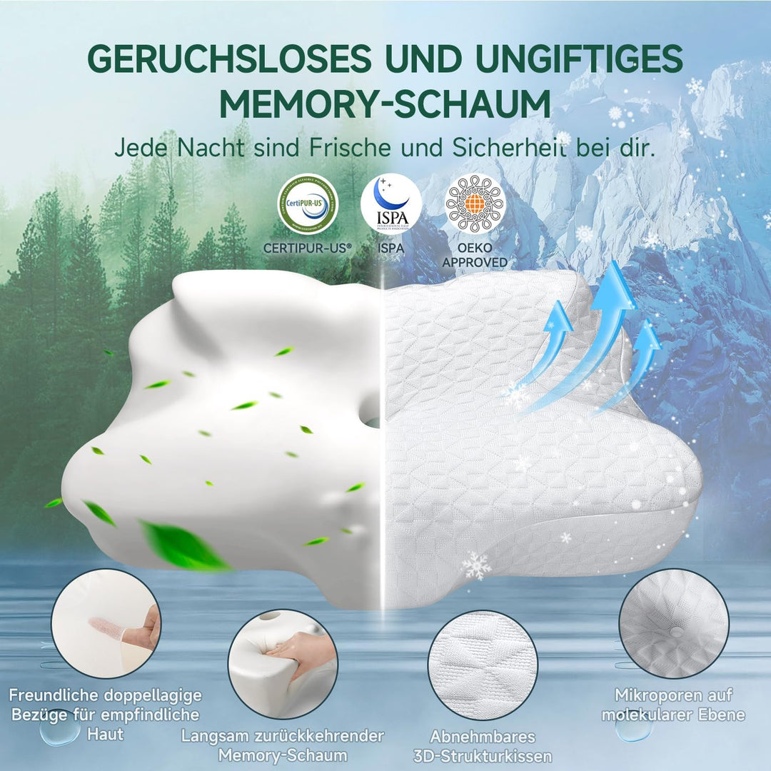 TESQ Ergonomisches Nackenkissen 2-in-1 | Memory Foam, Für Seiten- und Rückenschläfer, 60 x 40 x 9/12