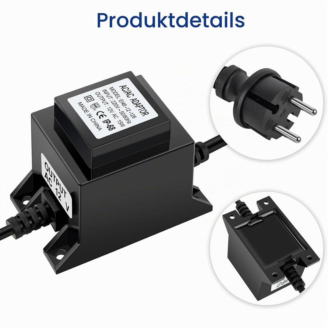 Karyoosi LED Trafo 12V Netzteil AC/AC 15W, Aussen Stecker Netzteil Transformator IP68 für LED-Beleuc