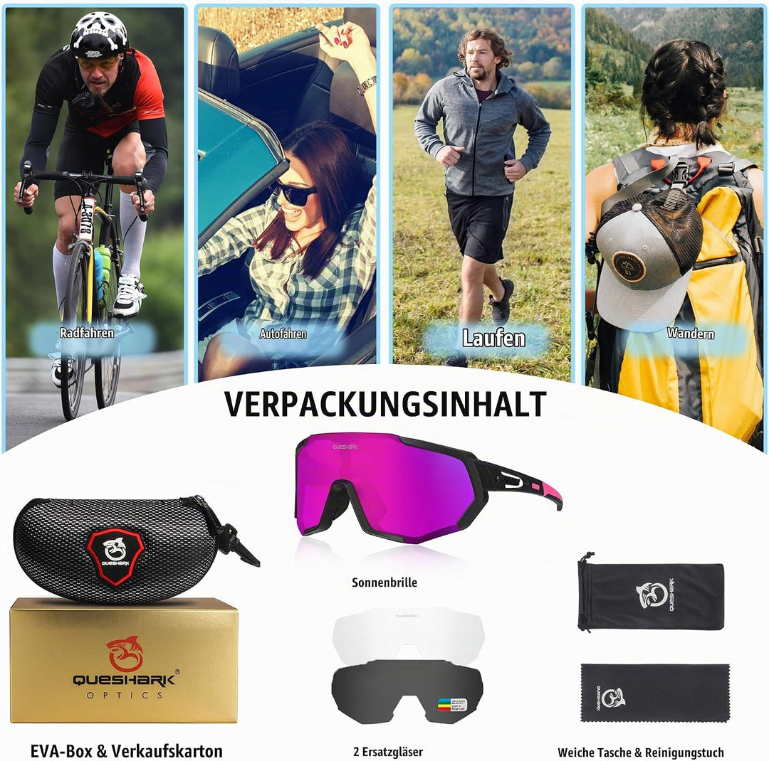 Queshark Fahrradbrille, TR90 Unbreakable Frame Polarisierte Sportsonnenbrille, Fahrradbrille für Män