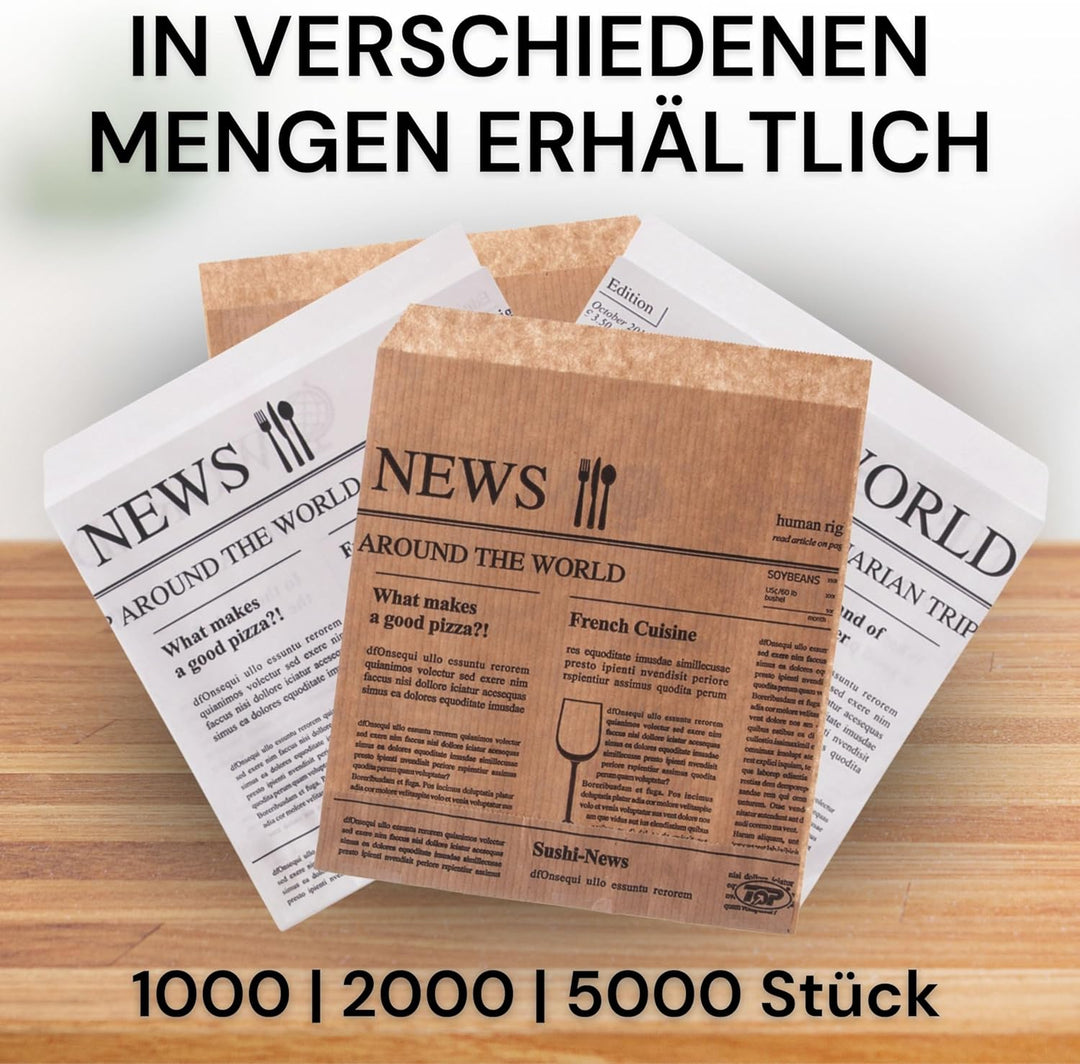 Snacktaschen/Hamburgertaschen Snackbeutel Newspaper aus Kraftpapier Hamburger-Tüten, 2-seitig offen