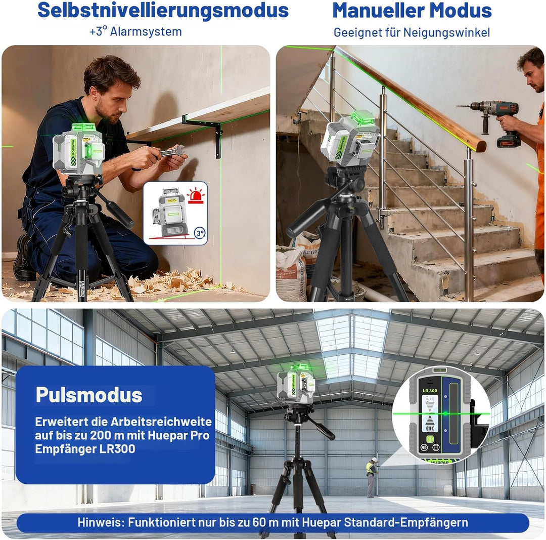 Huepar Pro Kreuzlinienlaser mit Stativ, 360 Laser Wasserwaage Selbstnivellierend Linienlaser Fernbed