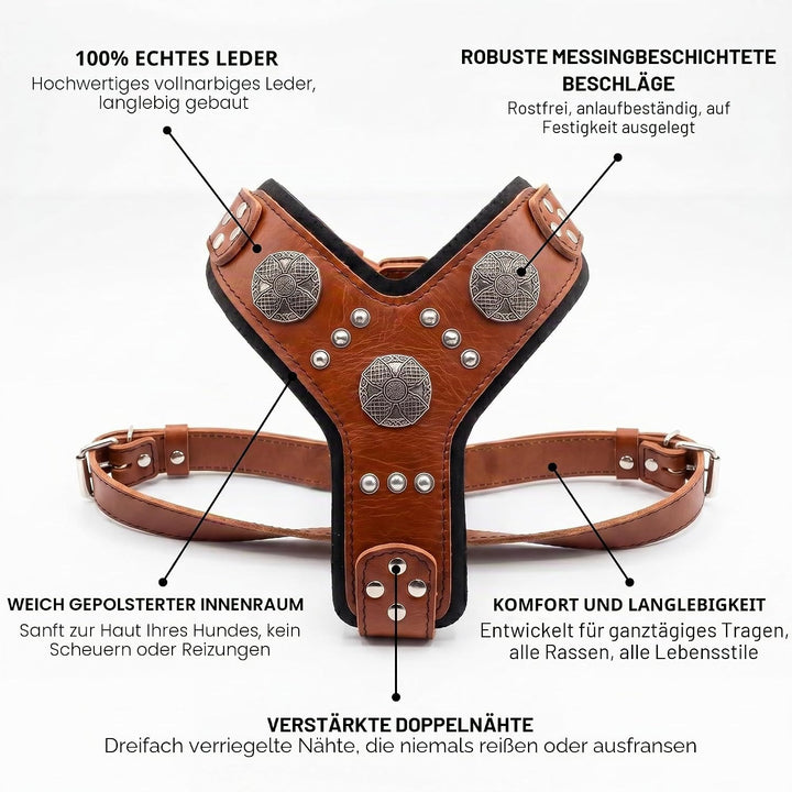 Bestia |Maximus| Leder Brustgeschirr für grosse Hunde. Bis 145 cm Brustumfang. 100% Leder. Handgefer