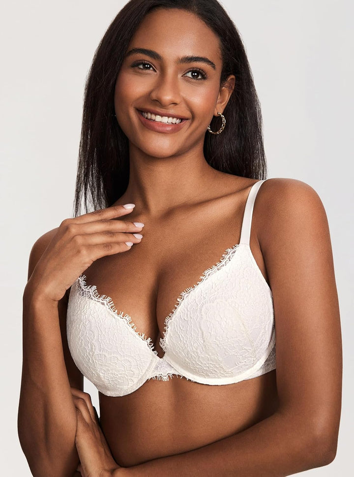 DOBREVA Damen Push Up BH mit Blumen Wimpern Spitze Sexy Bügel BHS Gepolstert 70D Kokosnuss Weiss, 70