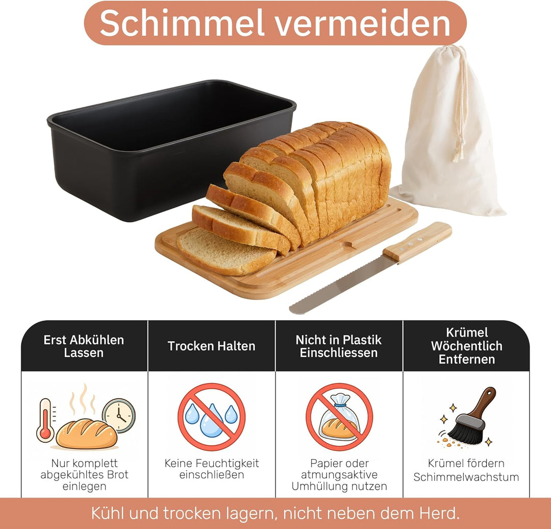 UCO Brotkasten Schwarz 38 cm mit Schneidebrett-Deckel und Messer, inklusive Stoff-Brotbeutel, Brot A