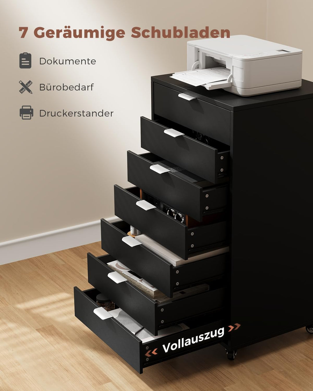 ELUCHANG Schubladenschrank, Rollcontainer, Mobiler Aktenschrank mit 7 Schubladen, Schubladenkommode