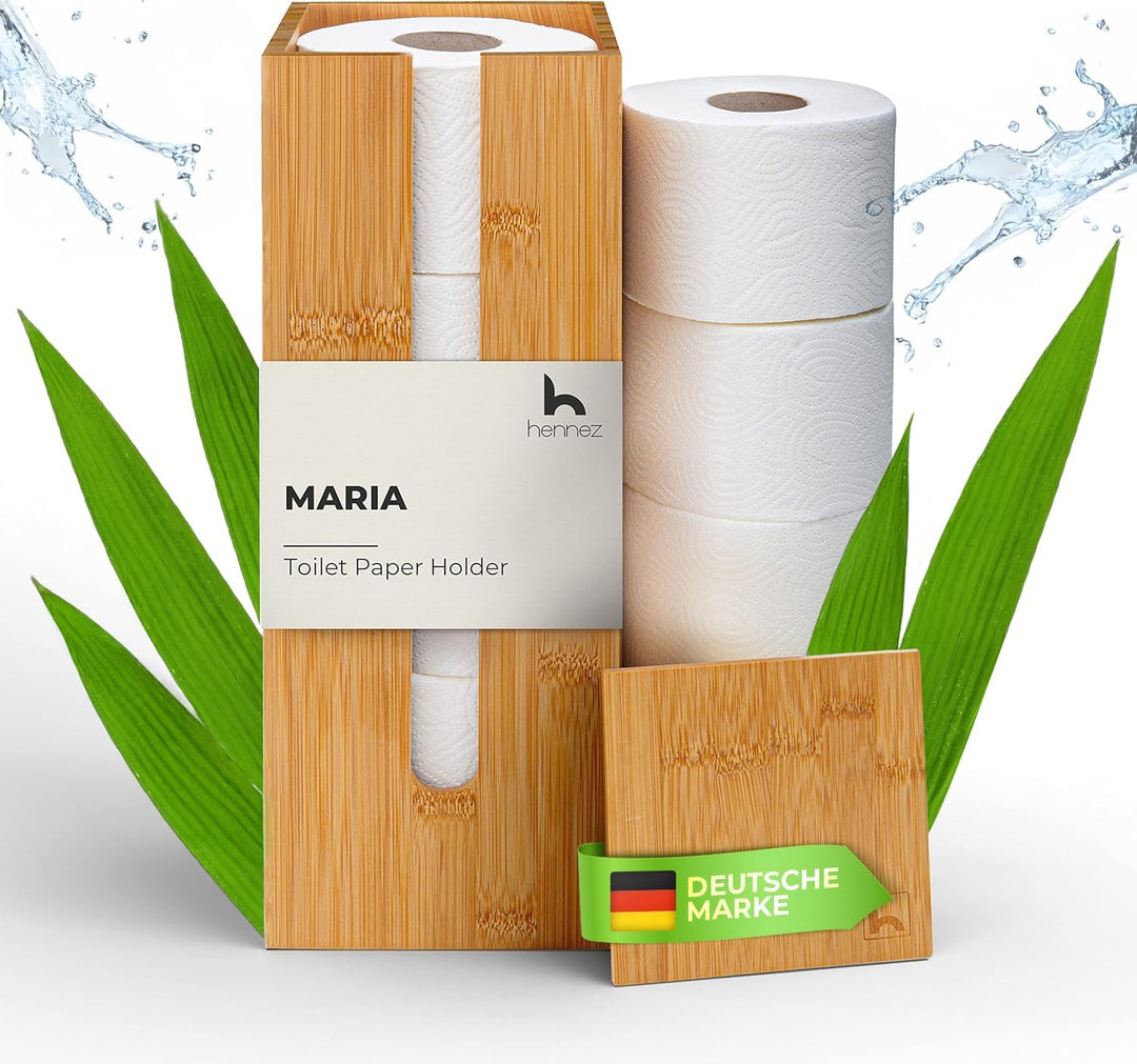 HENNEZ Toilettenpapier Aufbewahrung Bambus 4 Rollen Klopapier mit Deckel & Ablage Ersatzrollenhalter