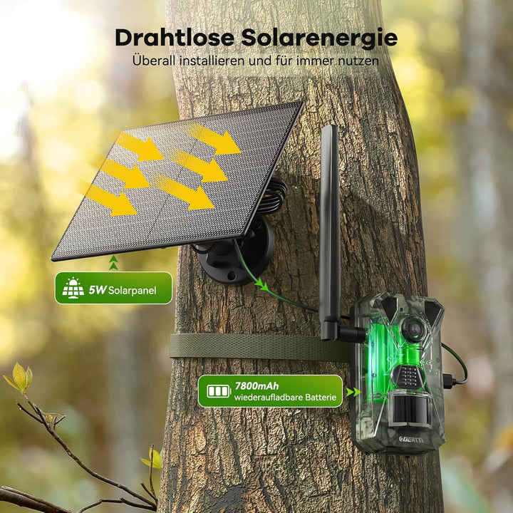 DEATTI 4G LTE Wildkamera mit Handyübertragung APP, 2.7K Solar Wildkamera mit SIM Karte, PIR Bewegung