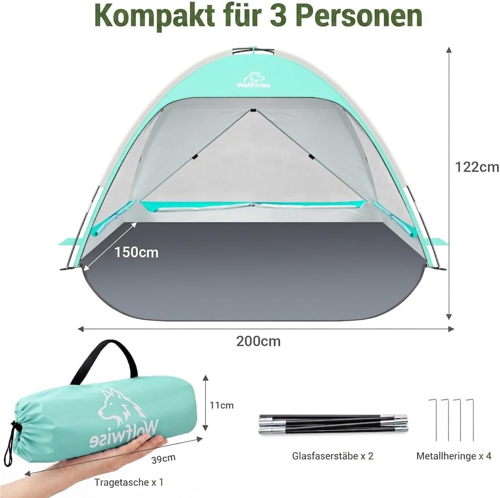 Wolfwise Strandmuschel UV Schutz, 3 Belüftungsfenster & Tragetasche, Strand Zelt mit erweiterbarem B