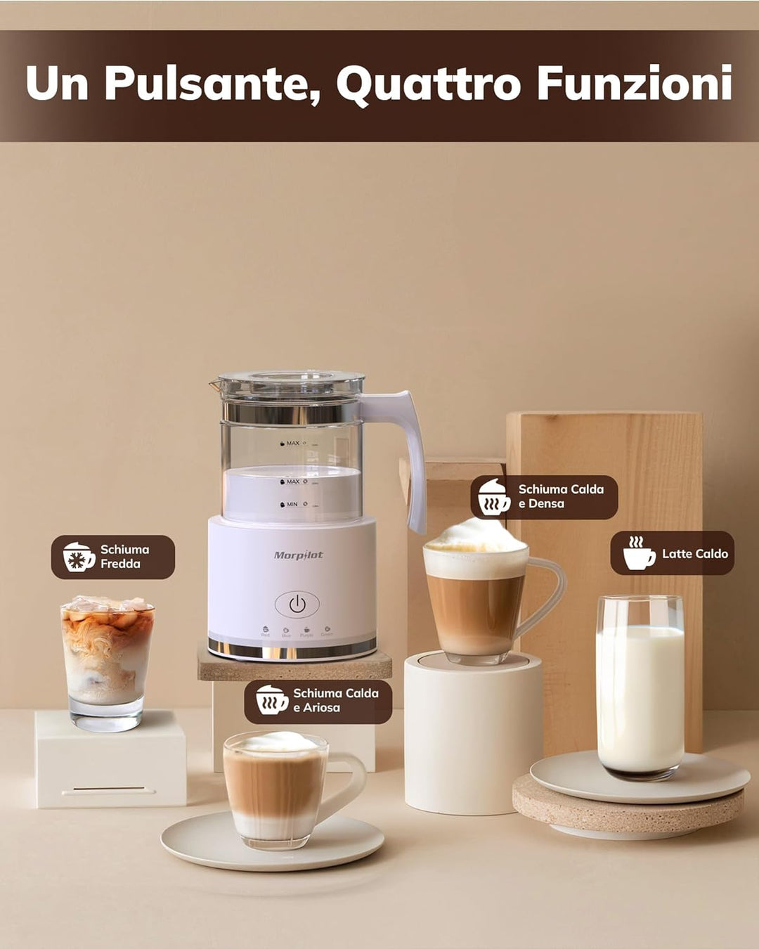Morpilot Elektrischer Milchaufschäumer, Milk Frother aus Glas, schön zu sehen, 4 in 1 Funktion, Fass