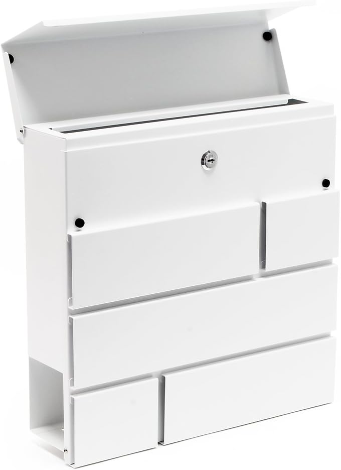 Wiltec Designer Briefkasten V15 weiss 370 x 105 x 370 mm, Wandbriefkasten mit Schloss und Zeitungsro