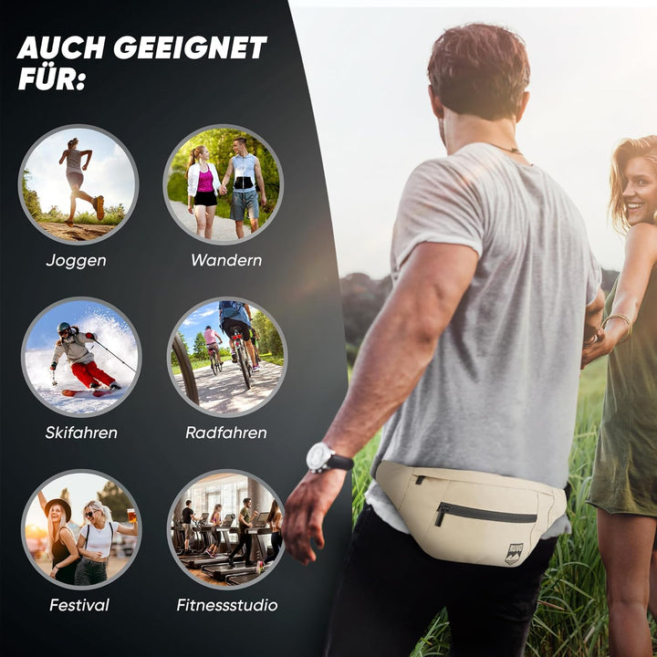 RUVO® Bauchtasche Herren und Damen | stylische Gürteltasche für maximalen Stauraum | 4 Fächer jeweil