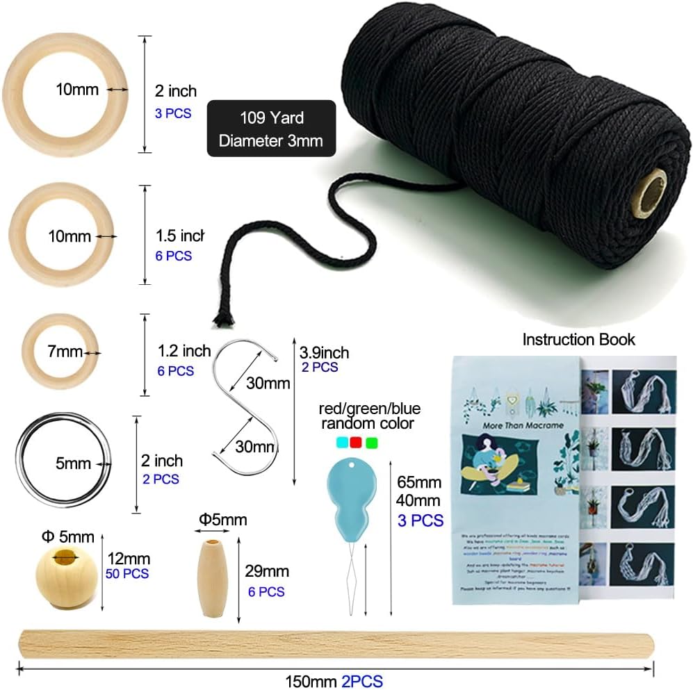suo long Makramee Garn Set für Anfänger mit Anleitung 3mm Makramee Garn Schwarz Set mit holzringe un
