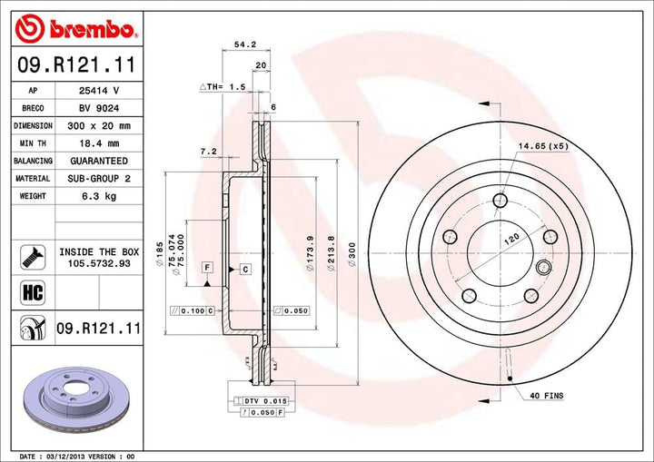 Brembo 09.R121.11 Hintere Bremsscheibe mit UV Lackierung, Anzahl 2