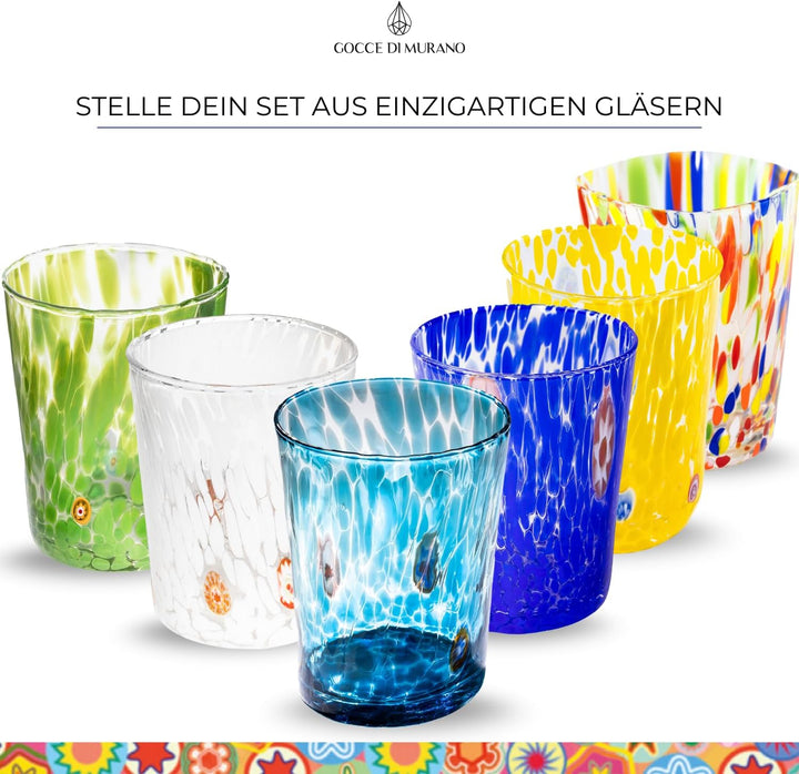 Gocce di Murano Set mit 6 Regenbogen-Gläsern, aus mundgeblasenem Muranoglas, 240 ml, handgefertigt,