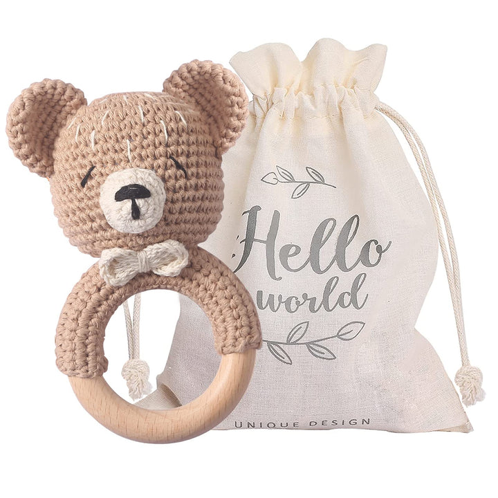 Youuys Babyrassel Gehäkelte Holz Häkeln Tiere Greifling Baby Holz Rassel Baby mit Sound Handmade Ras