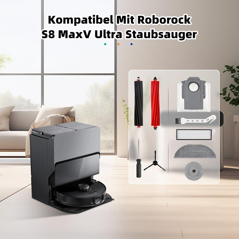 18 Stück Zubehör für Roborock S8 MaxV Ultra Saugroboter, Ersatzteile Enthält 2 Hauptbürste 4 Staubbe