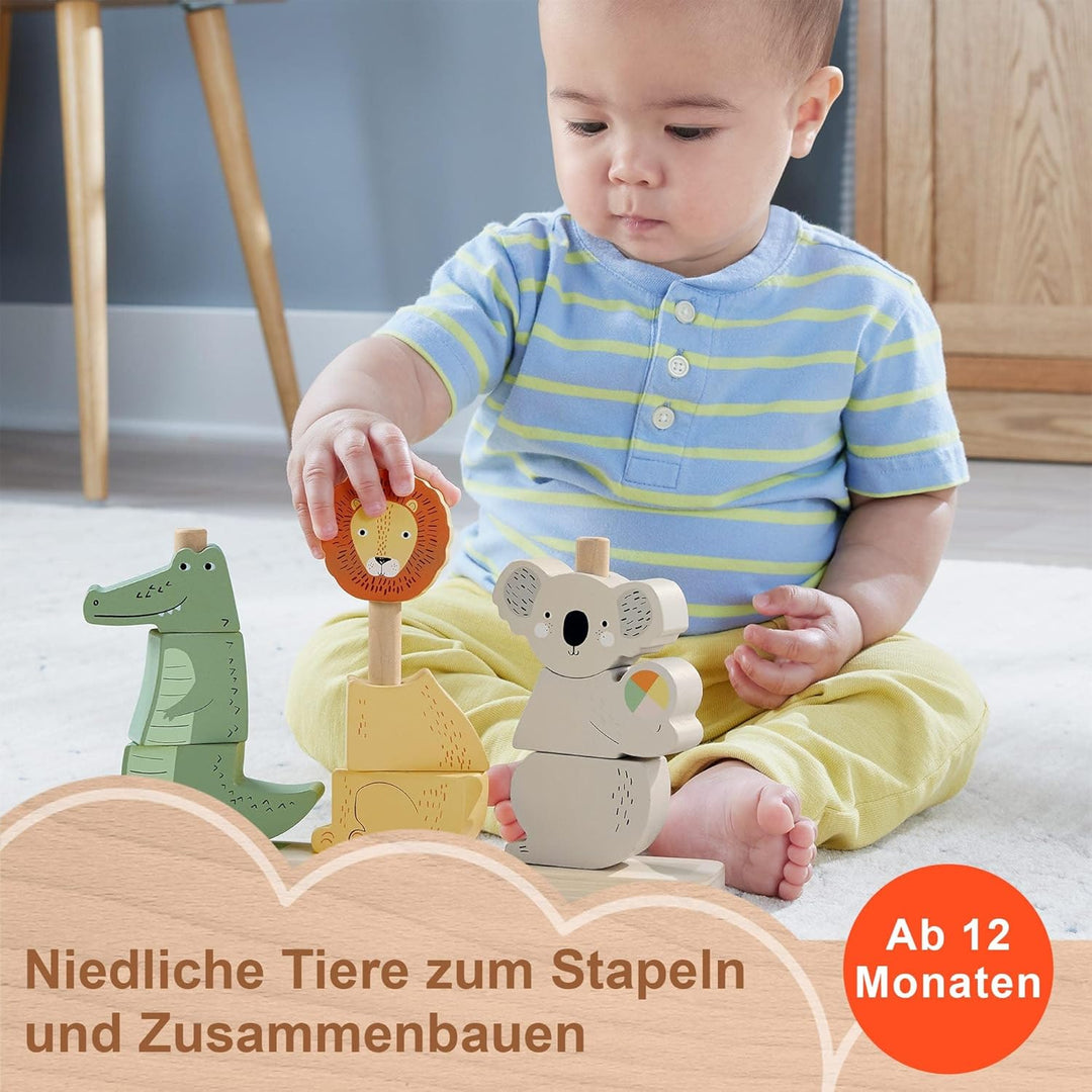 Fisher-Price Baby und Kleinkinder Stapel- und Sortiert-Tierwelt aus Holz, 10 Holzteile für die spiel