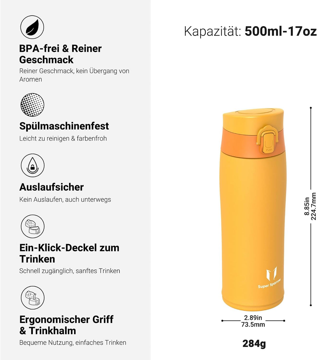 Sparrow Edelstahl Trinkflasche kinder 500ml - Thermosflasche - 2 Deckel | Thermosflasche, BPA-Frei,