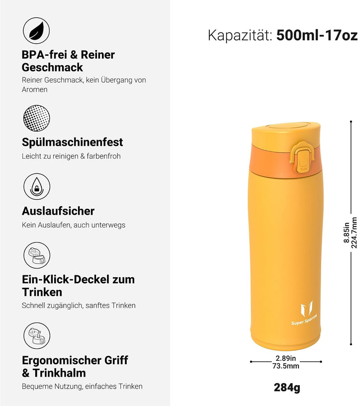 Sparrow Edelstahl Trinkflasche kinder 500ml - Thermosflasche - 2 Deckel | Thermosflasche, BPA-Frei,