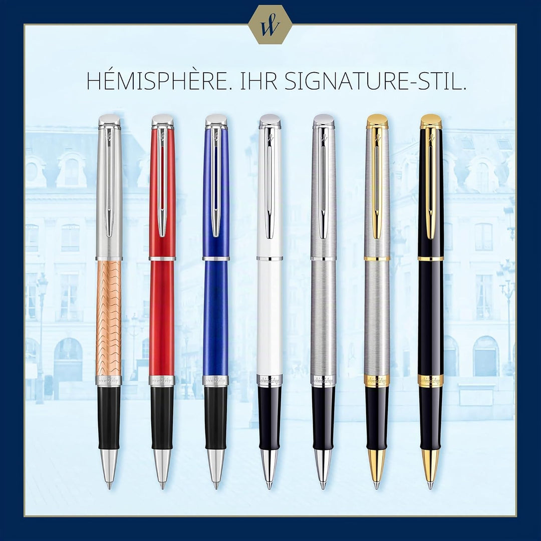 Waterman Hémisphère Tintenroller | Edelstahl mit Chromzierteile | feine Spitze | Schwarze Tinte | Ge