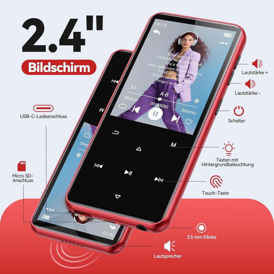 AGPTEK 2,4" MP3 Player &amp; Tasche, 64GB MP3 Player Bluetooth 5.3 HiFi Musik Kinder MP3 Player mit Laut
