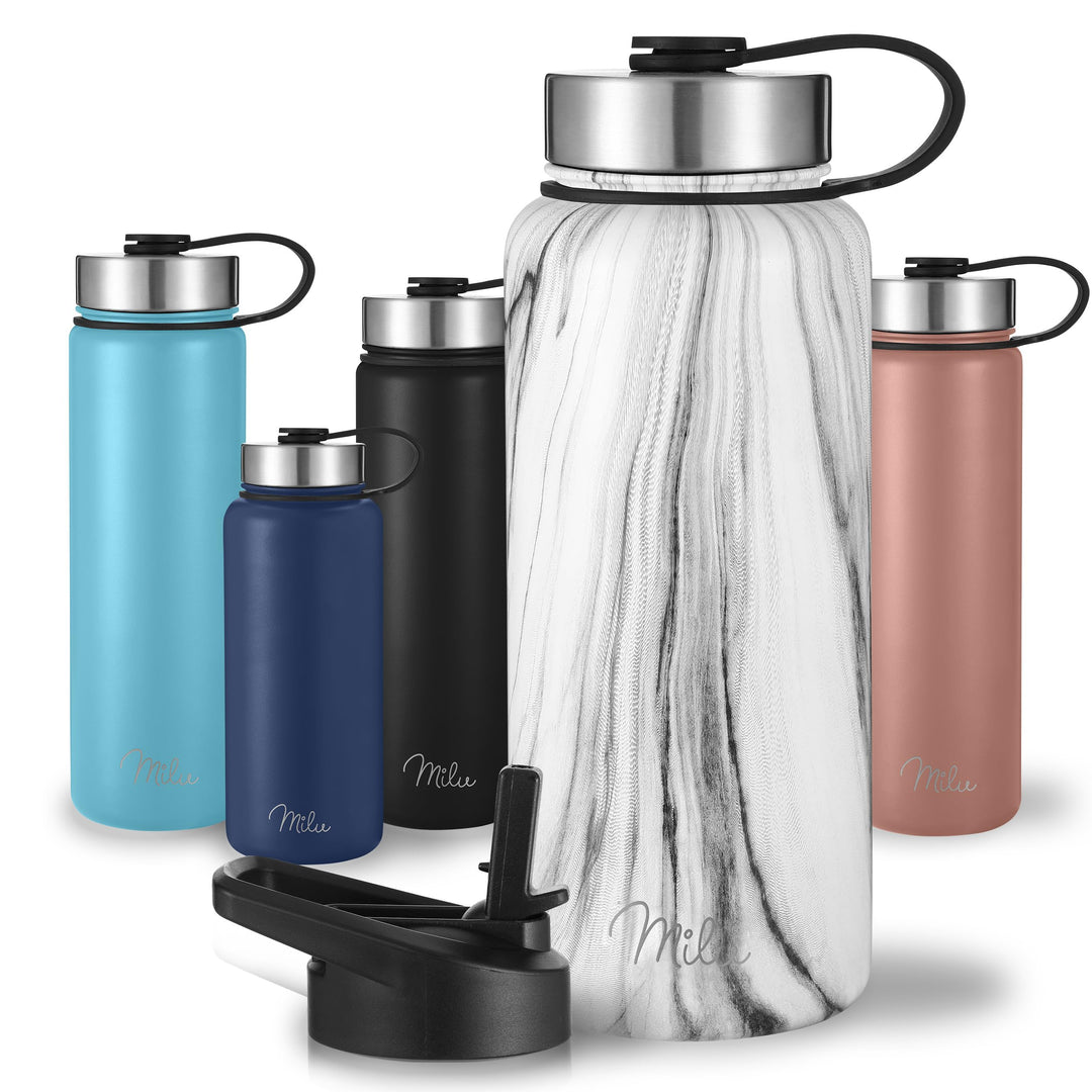 Milu Edelstahl Trinkflasche 500ml, 750ml, 1000ml (+3 Deckel) - Thermosflasche mit Strohhalm, Isolier