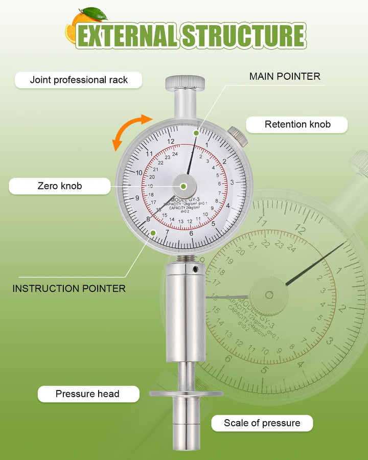 NEWTRY Frucht Penetrometer Fruchthärteteprüfer zur Bestimmung der Reife von Früchte mit 2 Prüfspitze
