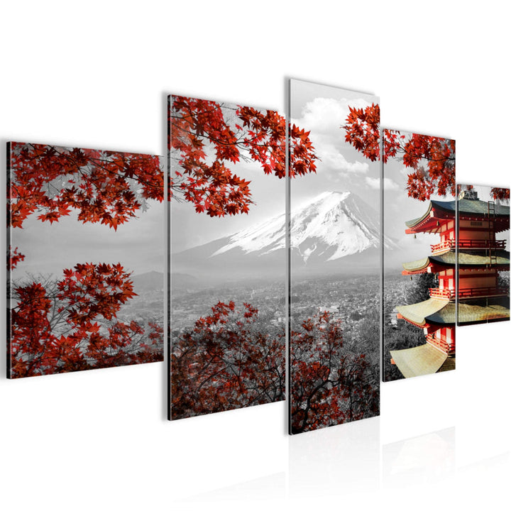 Runa Art Wandbilder Japan 5 Teilig Bild auf Vlies Leinwand Deko Wohnzimmer Schlafzimmer Tempel Rot G