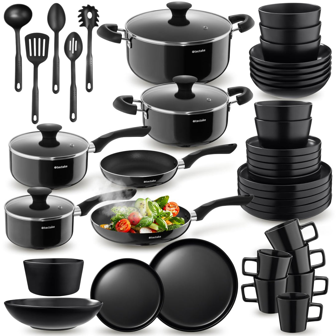 tectake® Küchenstarterset 6 Personen, Steingut Geschirr Set, Teller, 4 Töpfe 2 Pfannen rostfreies Al