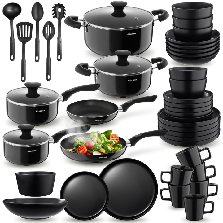 tectake® Küchenstarterset 6 Personen, Steingut Geschirr Set, Teller, 4 Töpfe 2 Pfannen rostfreies Al