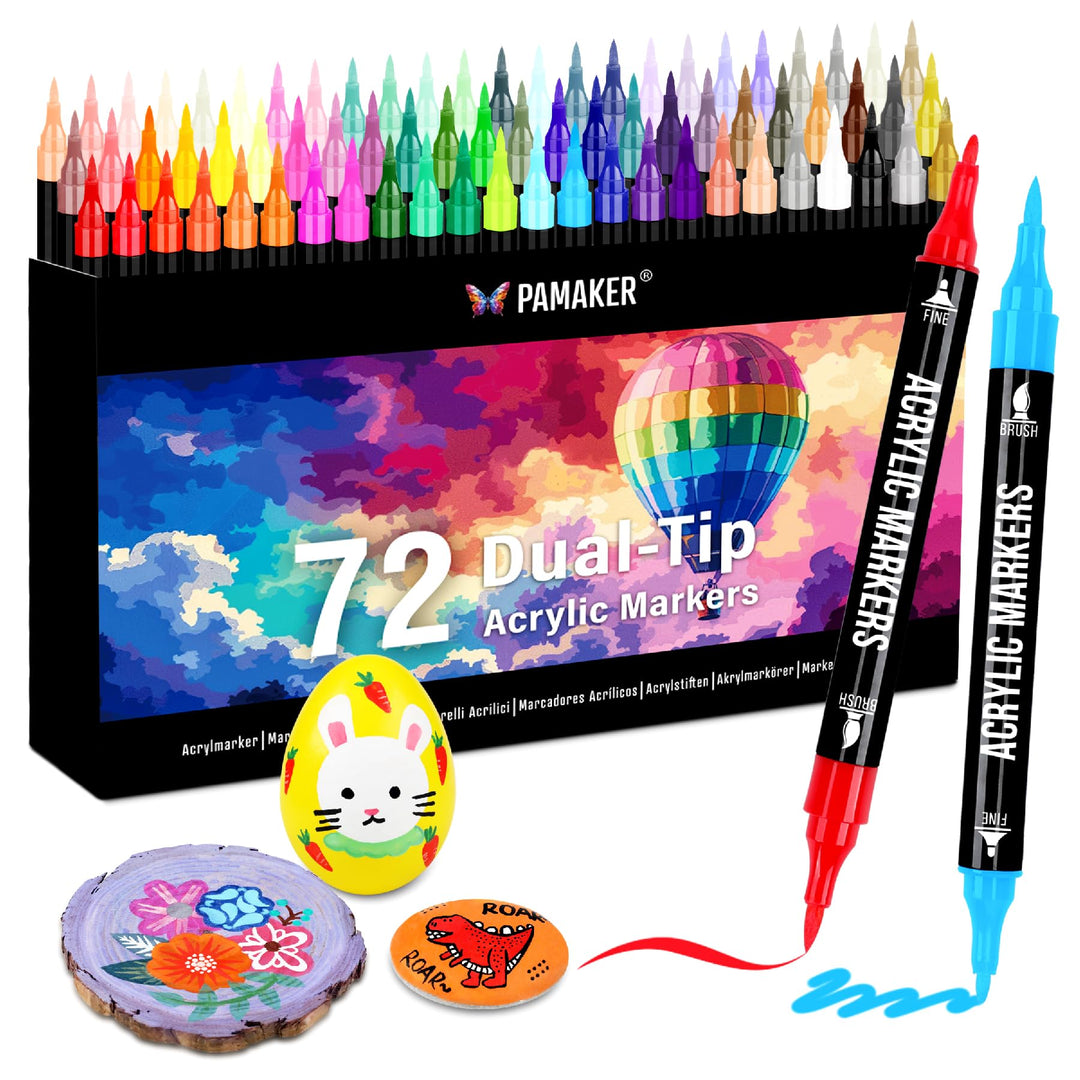 Pamaker 72 Farben Acrylstifte Set – Acrylmarker mit feiner Spitze und Pinsel für Stoff, Leinwand, Gl
