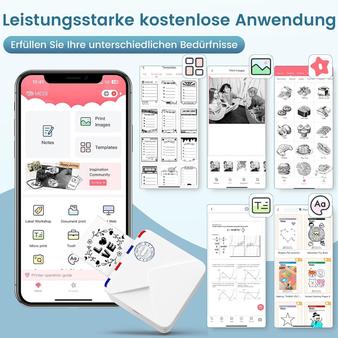 Omezizy Mini Drucker für Smartphone, M02S Mini Sticker Drucker, Bluetooth Thermodrucker, Mini Fotodr