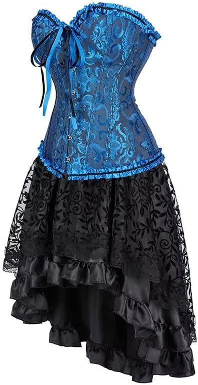 Korsett Kleid Damen Corsage Set Bustier Korsettkleid Blumen Gothic Burlesque L Blackblue, L Blackblu