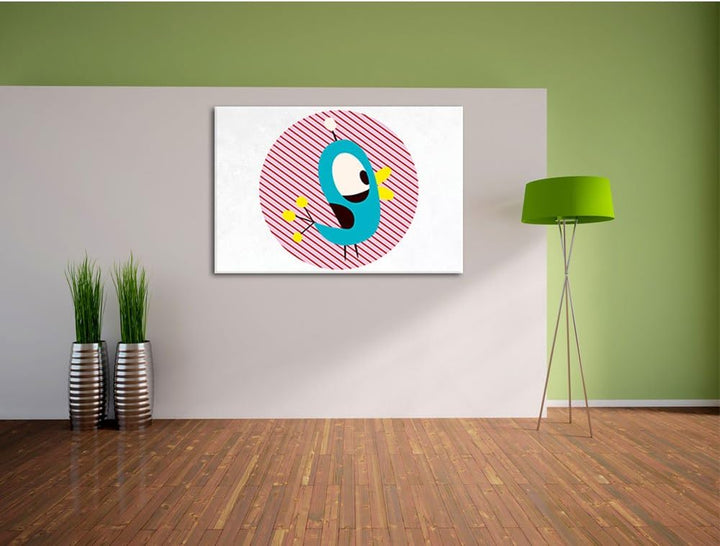Pixxprint Lustiger Vogel mit gestreiftem Hintergrund weiss, Format: 100x70 auf Leinwand, XXL riesige