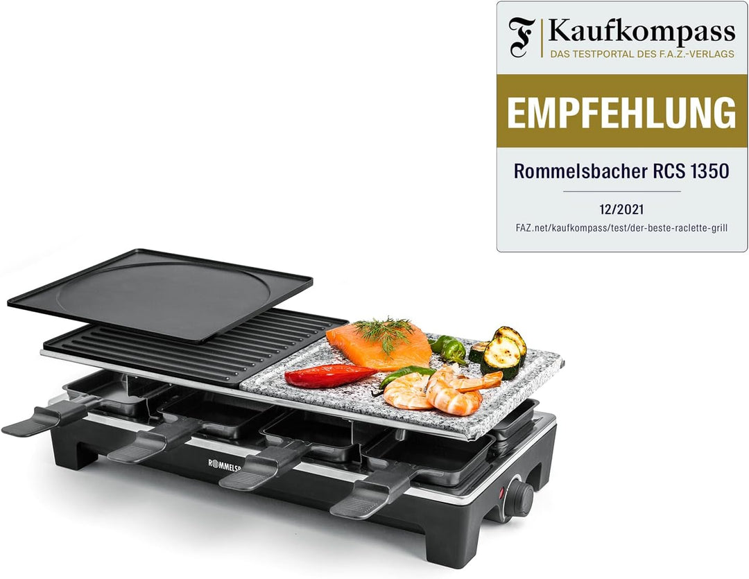 ROMMELSBACHER Raclette Grill RCS 1350 – 2 Wendegrillplatten, 1 Steingrillplatte, 8 Pfännchen, 8 Scha