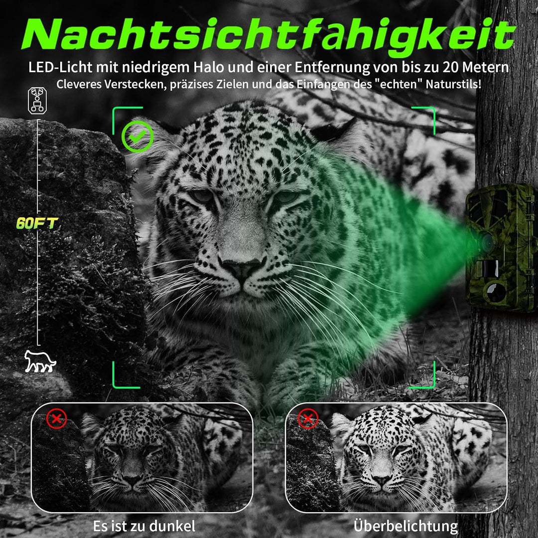 Wildkamera WLAN, 1296P 60MP Wildkamera mit Handyübertragung App, Wildtierkamera mit Nachtsicht Beweg
